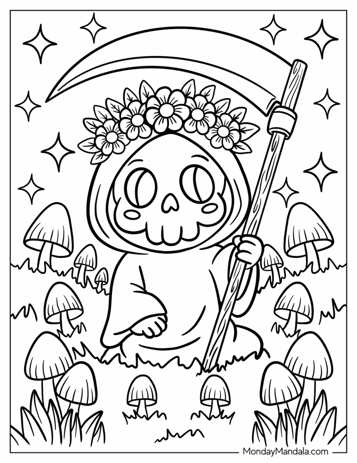 Adorable Grim Reaper Coloring Page Wearing Flower Crown In Field of Mushrooms for Kids coloring page