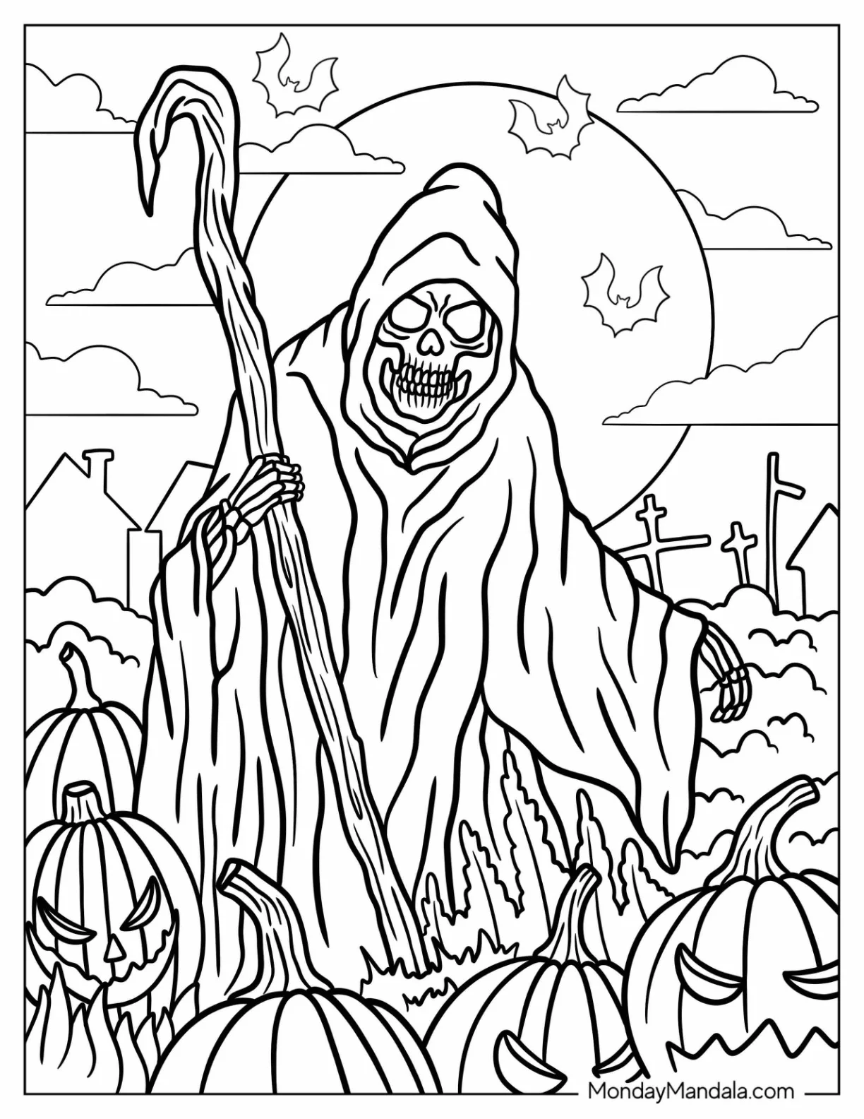 Angry Grim Reaper Coloring Page Holding Staff coloring page