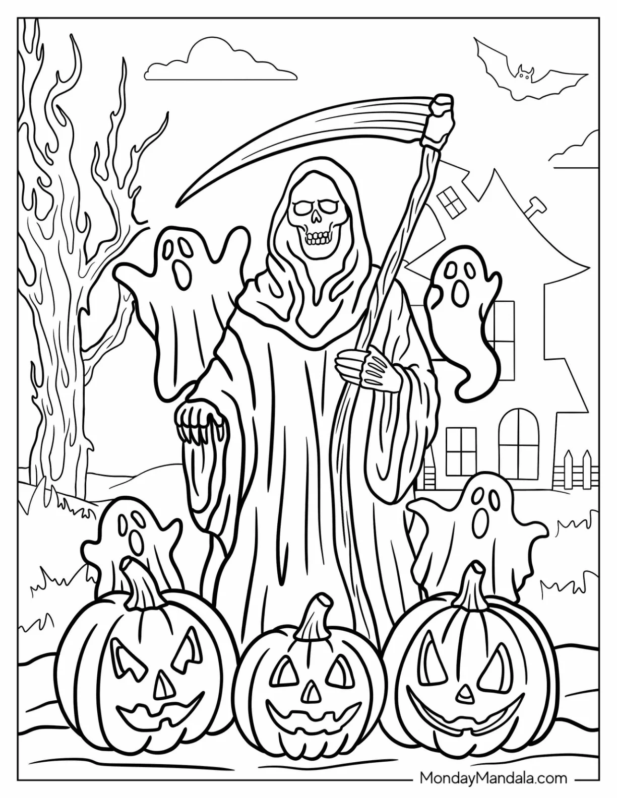 Blanket Ghosts Surrounding A Grim Reaper Coloring Page With Jack O Lanterns coloring page