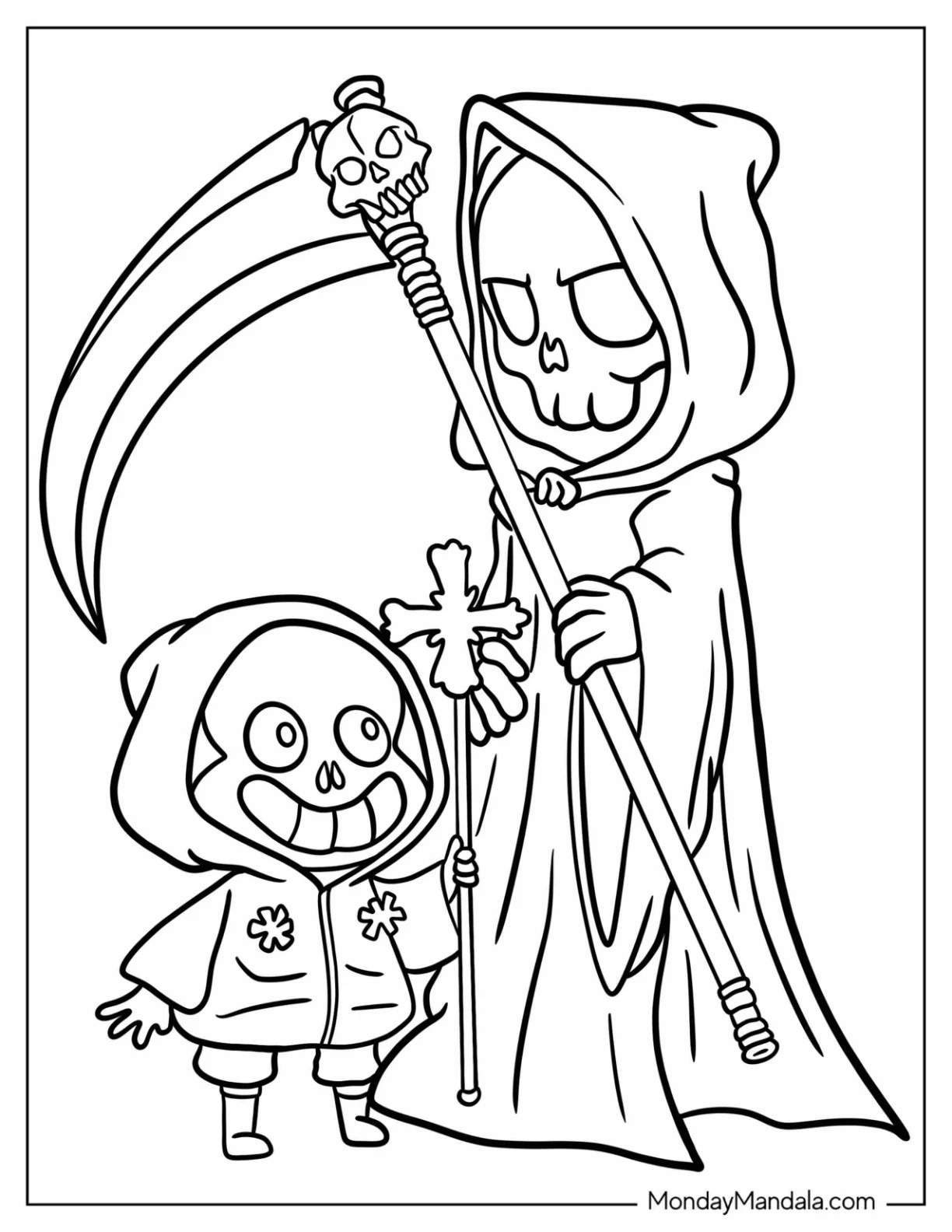 Cartoon Grim Reaper Coloring Page Staring Down At A Baby Grim Reaper coloring page