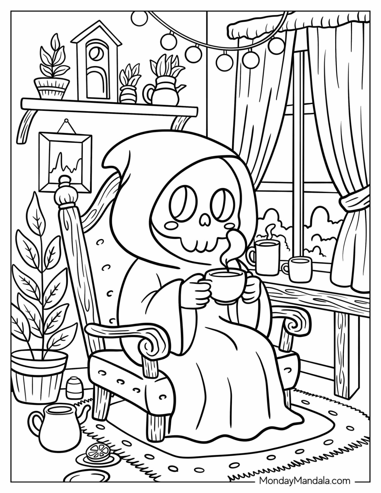 Chibi Grim Reaper Coloring Page Drinking Tea in an Armchair for Kids coloring page