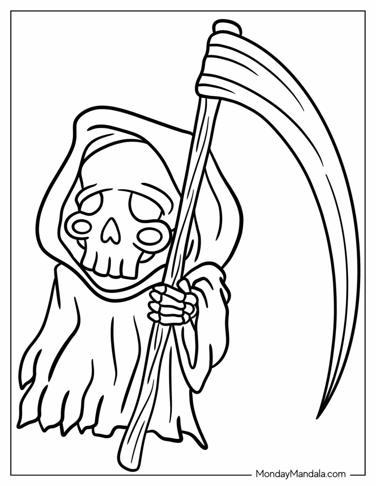 Chibi Grim Reaper Coloring Page With A Massive Scythe For Kids coloring page