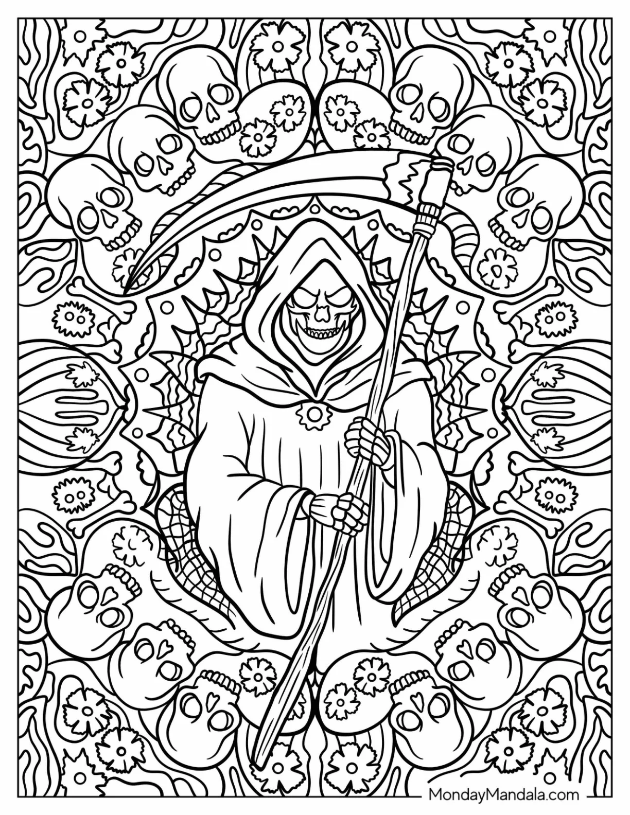 Complex Grim Reaper Coloring Page Mandala Full Of Skulls coloring page
