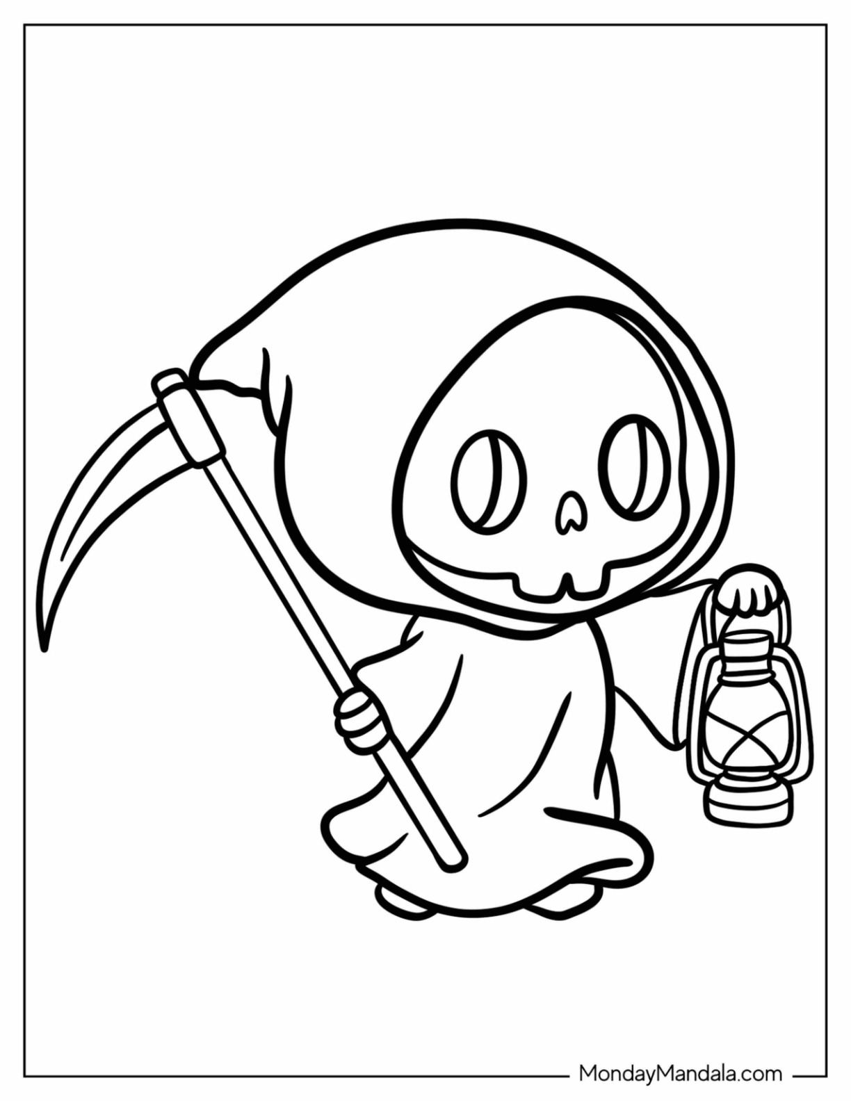 Cute Grim Reaper Coloring Page Walking with Scythe and Lantern for Preschoolers coloring page