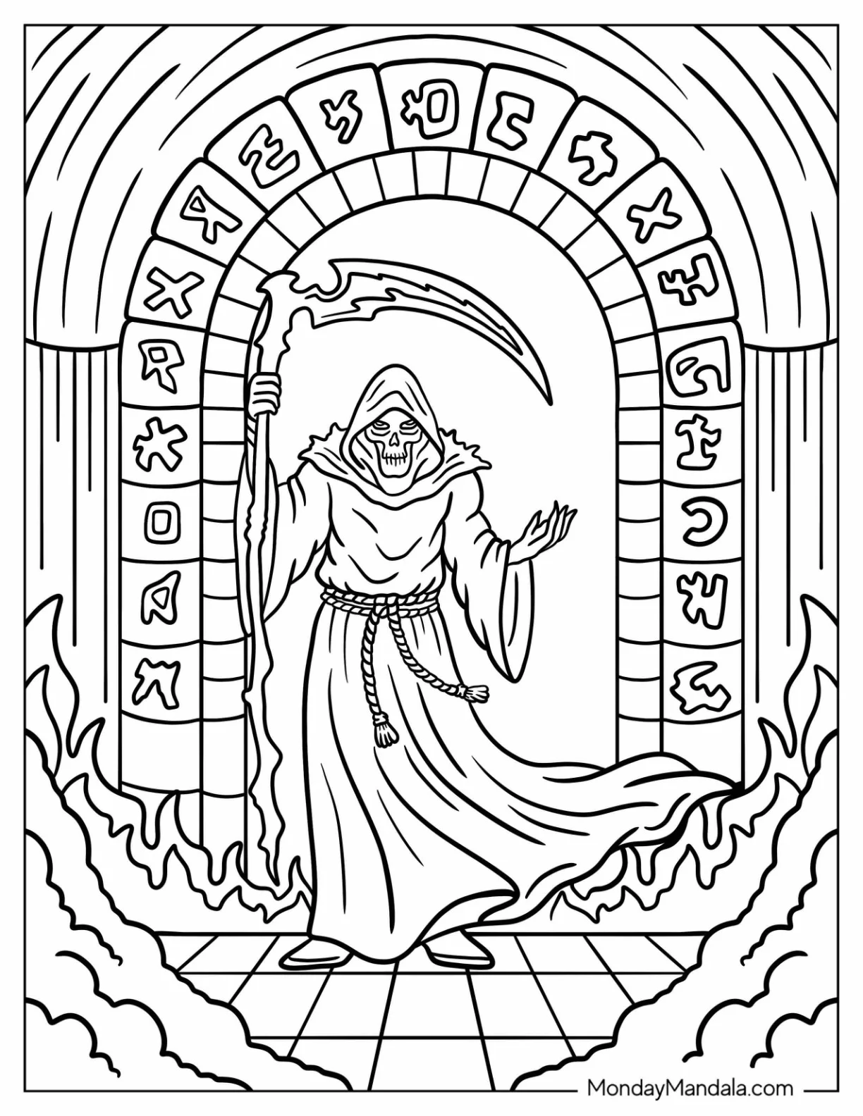 Dark Grim Reaper Coloring Page Performing Sorcery in Ruins coloring page
