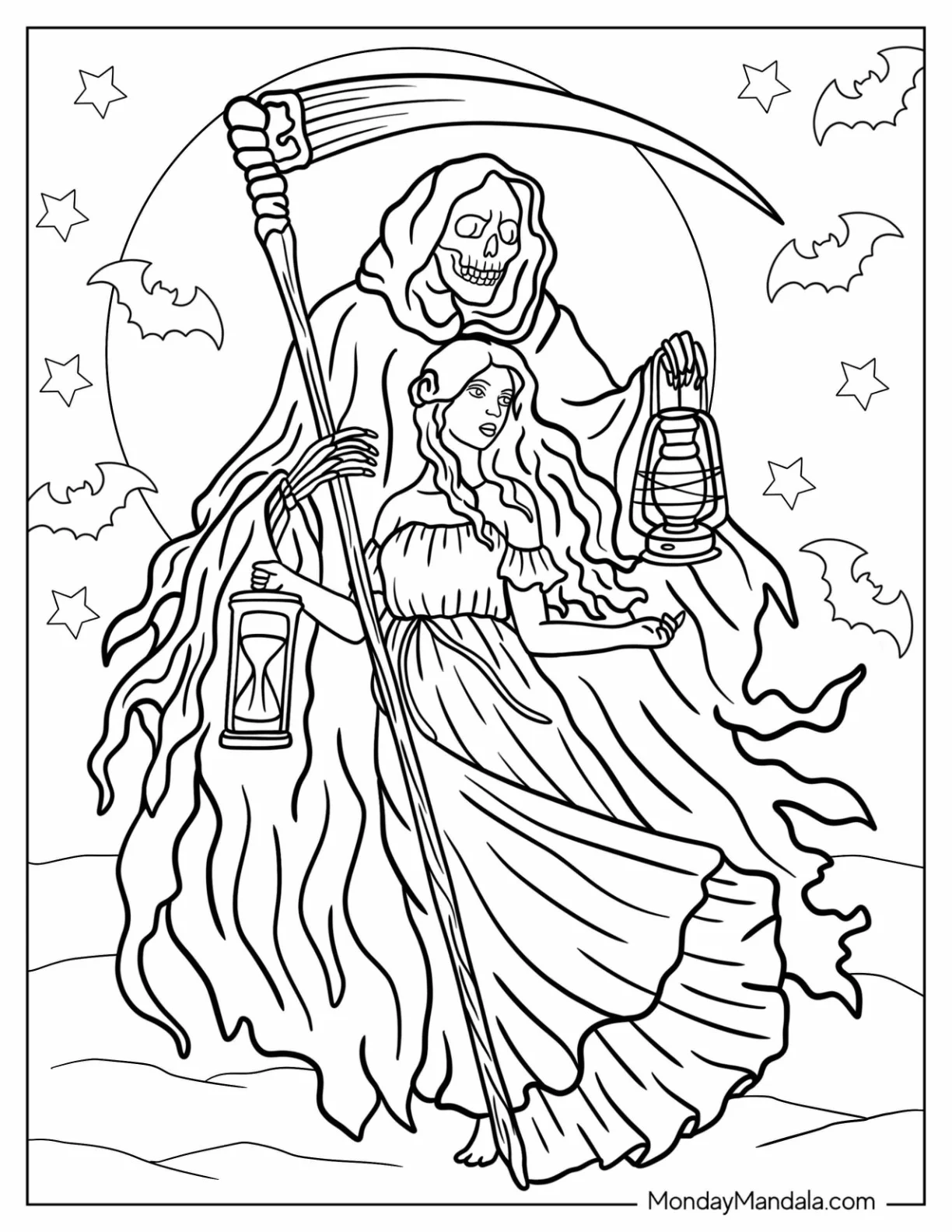 Detailed Grim Reaper Coloring Page With A Beautiful Woman coloring page