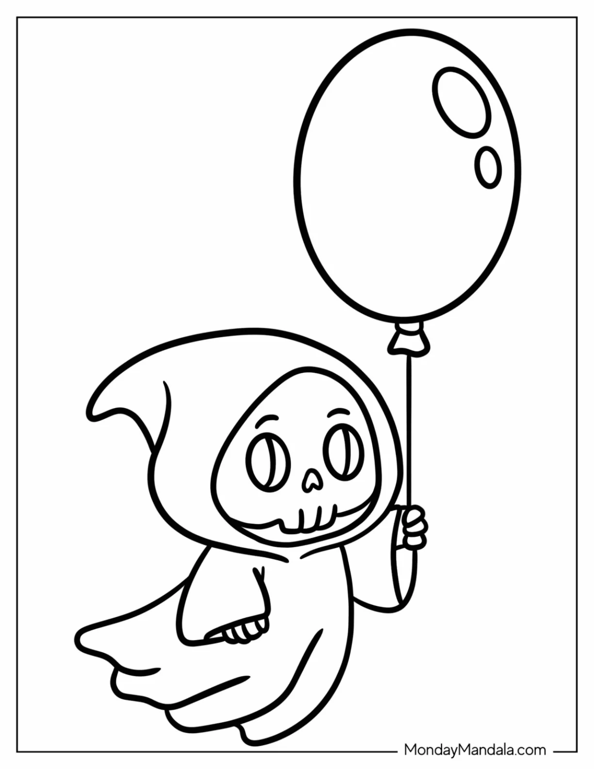 Easy Grim Reaper Coloring Page Holding a Large Balloon for Preschoolers coloring page