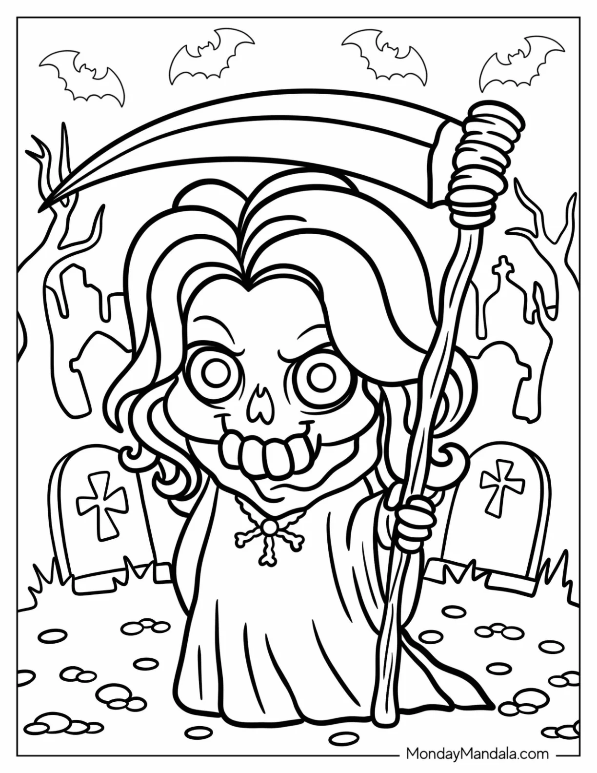 Female Grim Reaper Coloring Page At A Cemetery For Kids coloring page