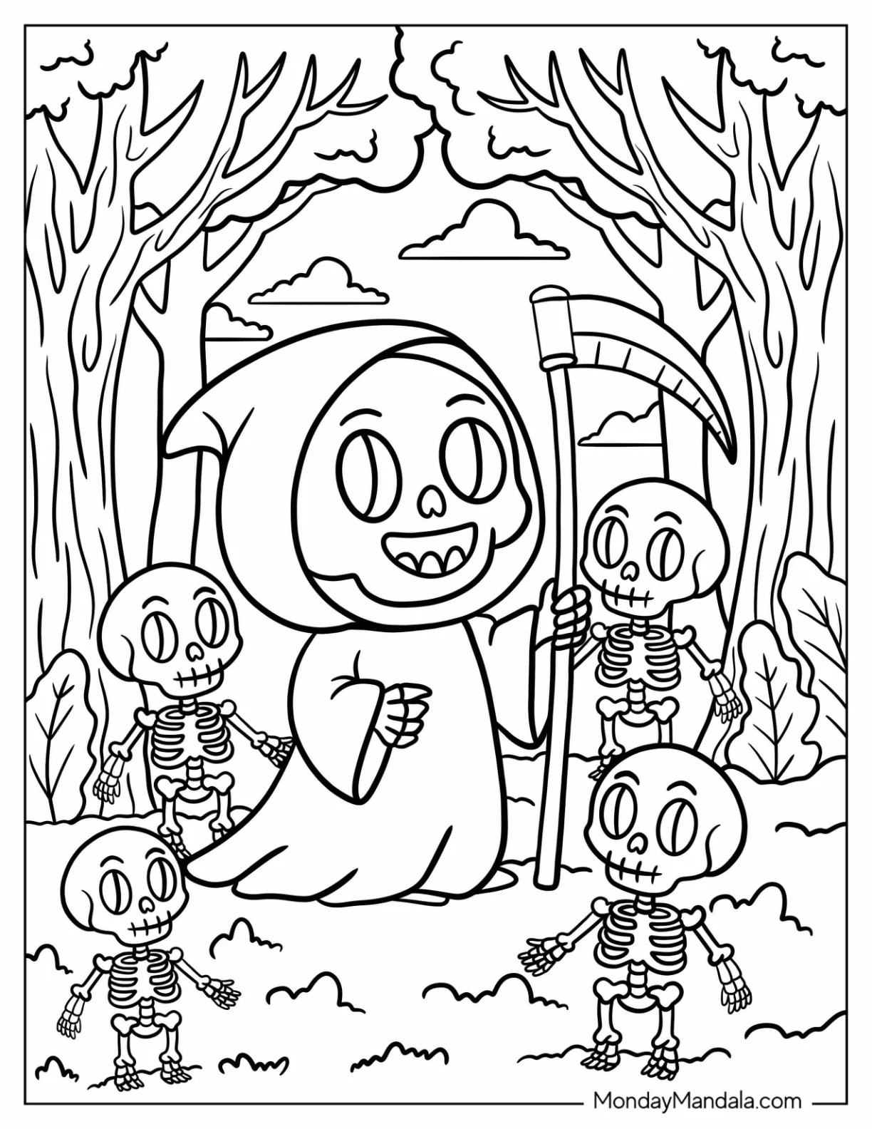 Friendly Skeletons Surrounding Grim Reaper in Forest Coloring Page coloring page