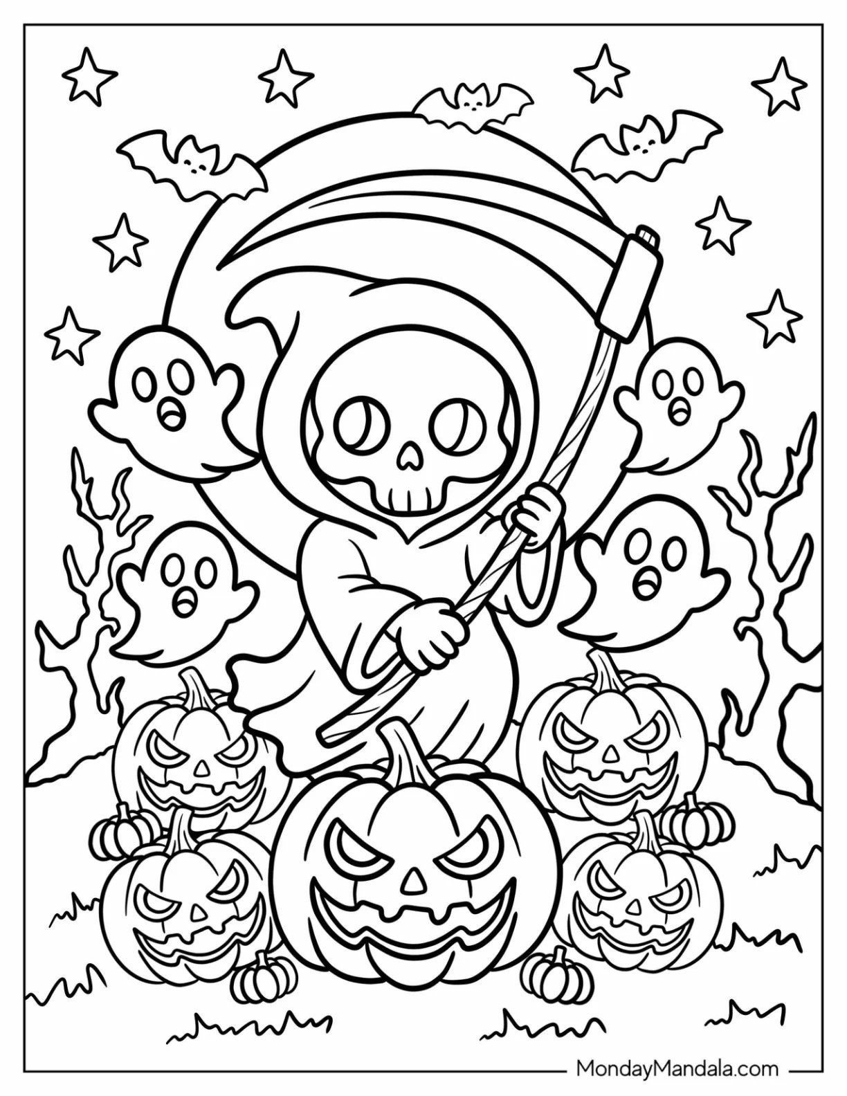 Ghostly Meadow with Grim Reaper Coloring Page and Jack O Lanterns for Kids coloring page