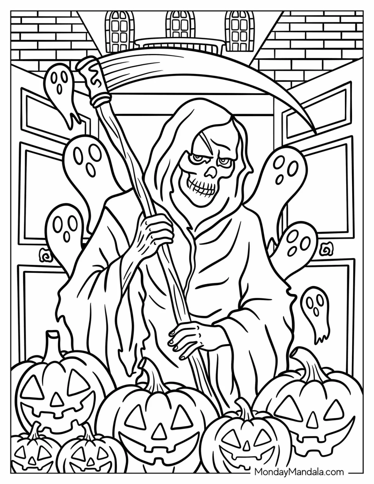 Ghosts Peering At A Smiling Grim Reaper Coloring Page coloring page