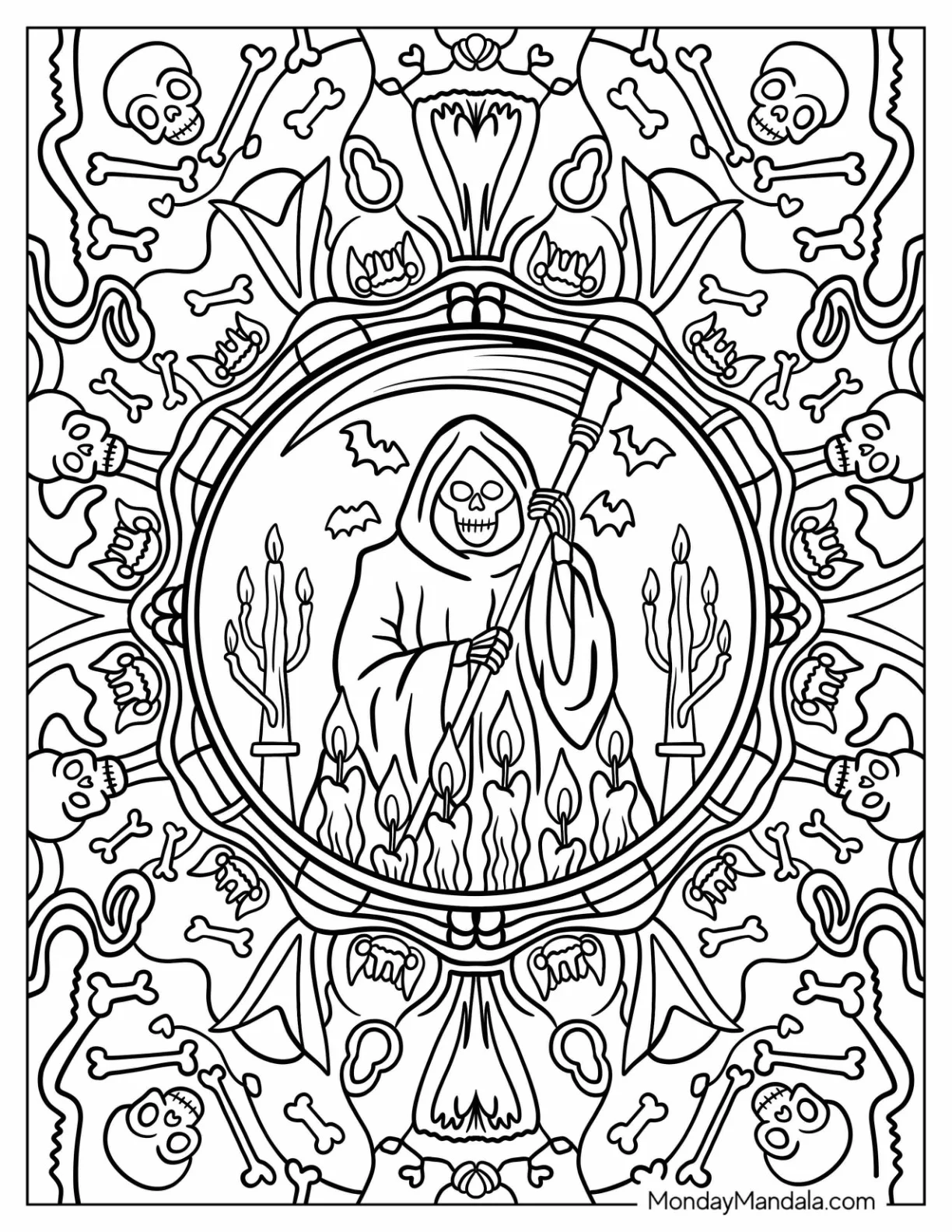 Grim Reaper Coloring Page At The Center Of A Skull Mandala coloring page
