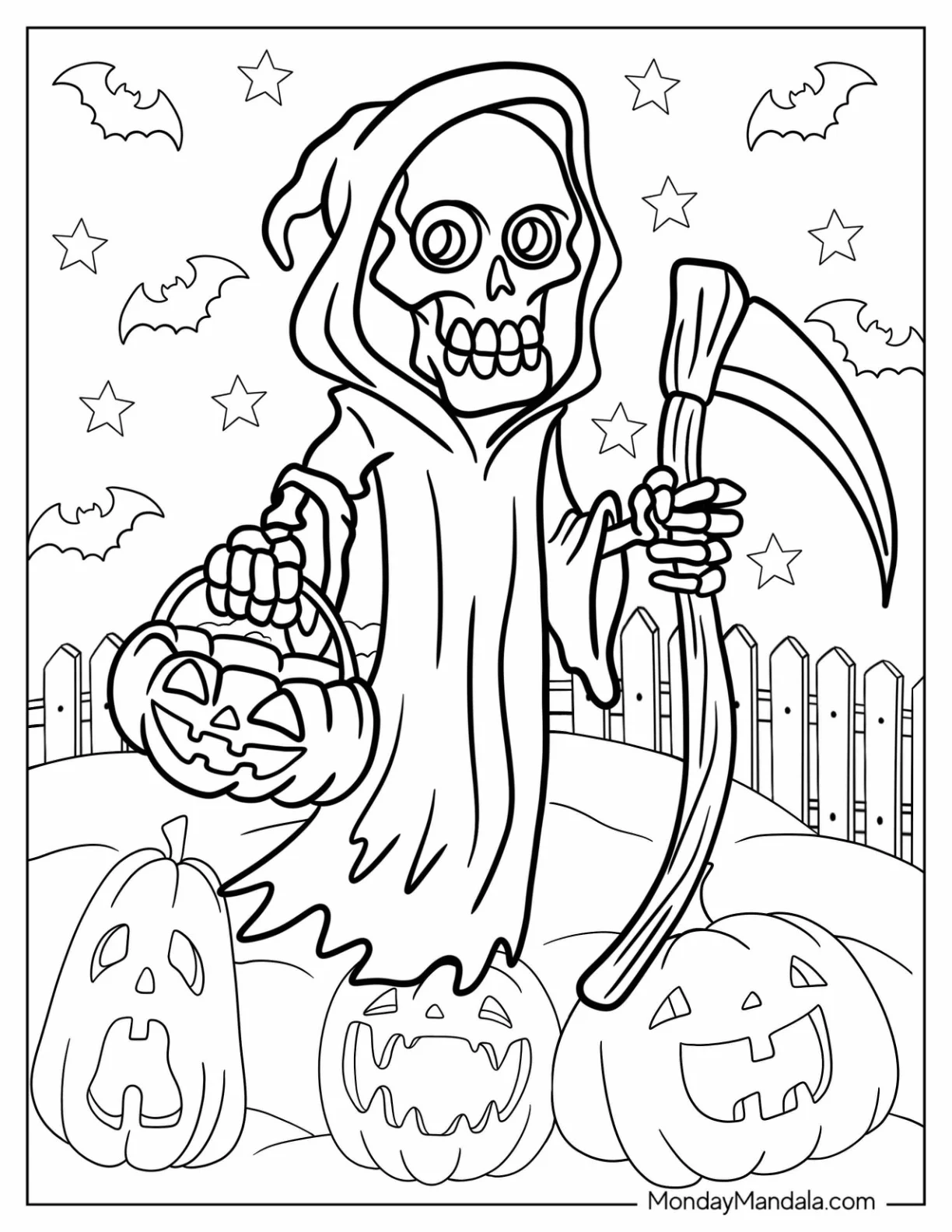 Grim Reaper Coloring Page Floating Above Jack O Lanterns For Kids coloring page