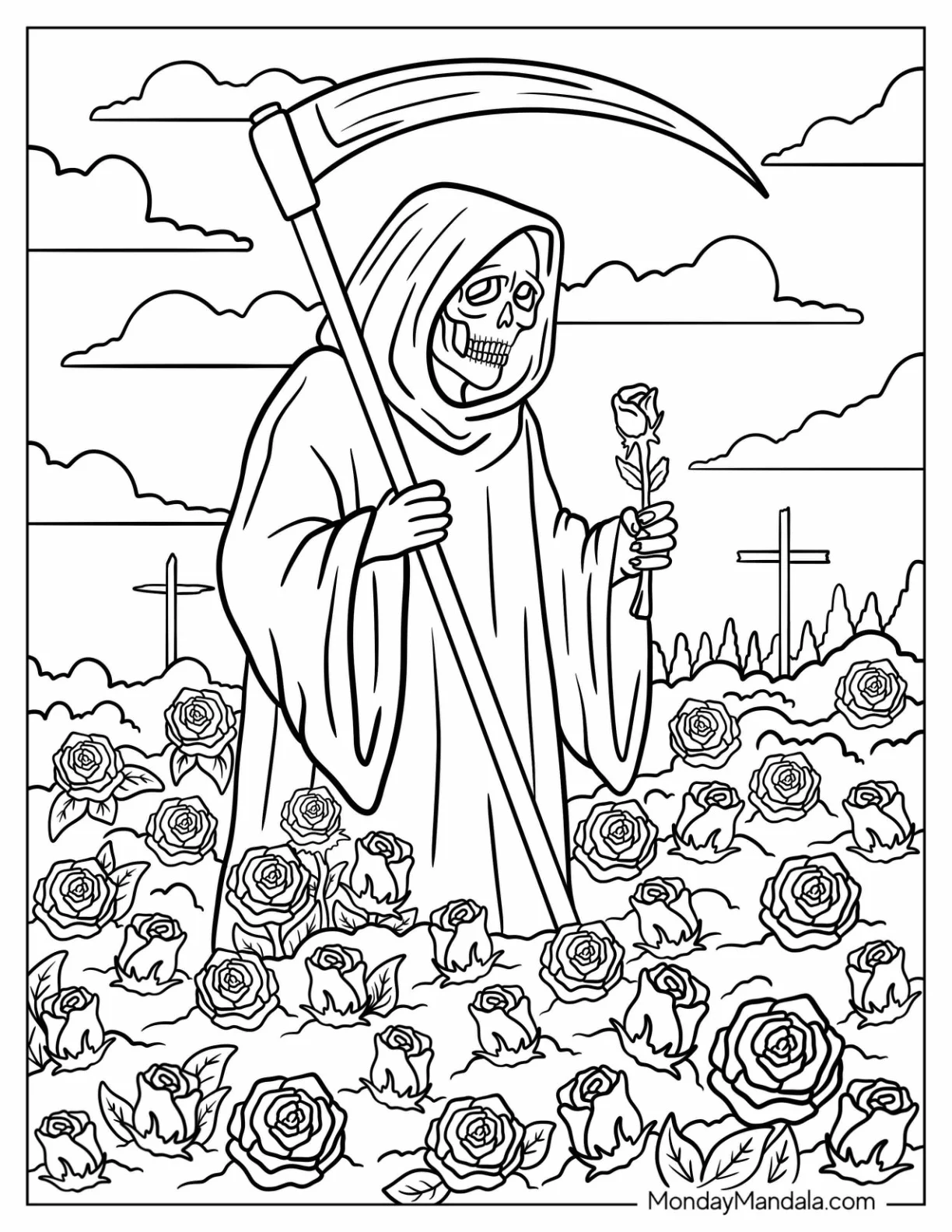 Grim Reaper Coloring Page Holding a Rose in Field of Flowers and Crosses coloring page