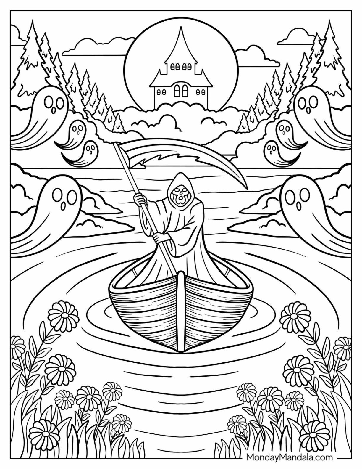 Grim Reaper Coloring Page Holding a Scythe in a Boat with Ghosts Floating Around coloring page