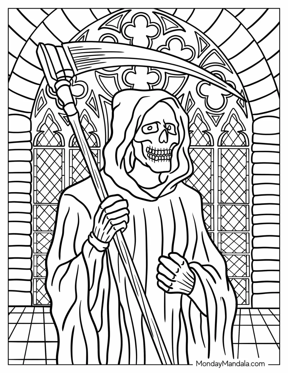 Grim Reaper Coloring Page Holding A Scythe In Front Of A Stained Glass coloring page