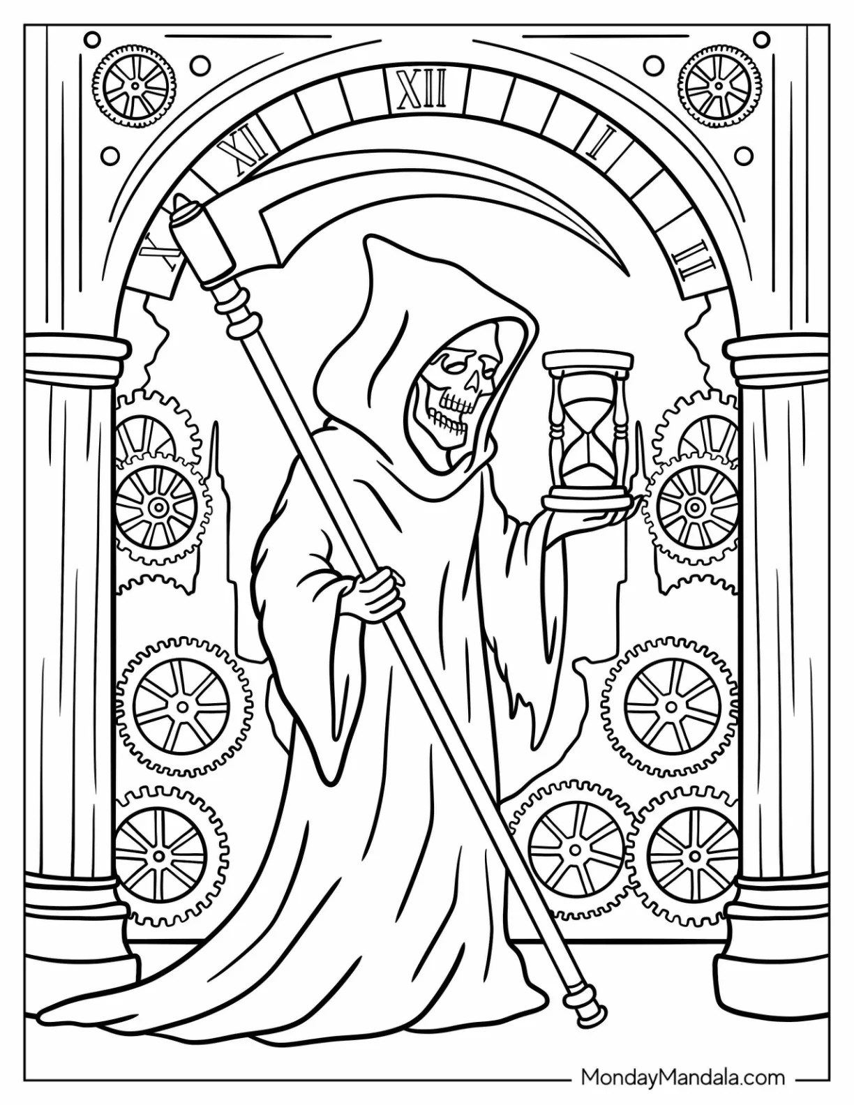 Grim Reaper Coloring Page Holding Hourglass Inside Clocktower coloring page