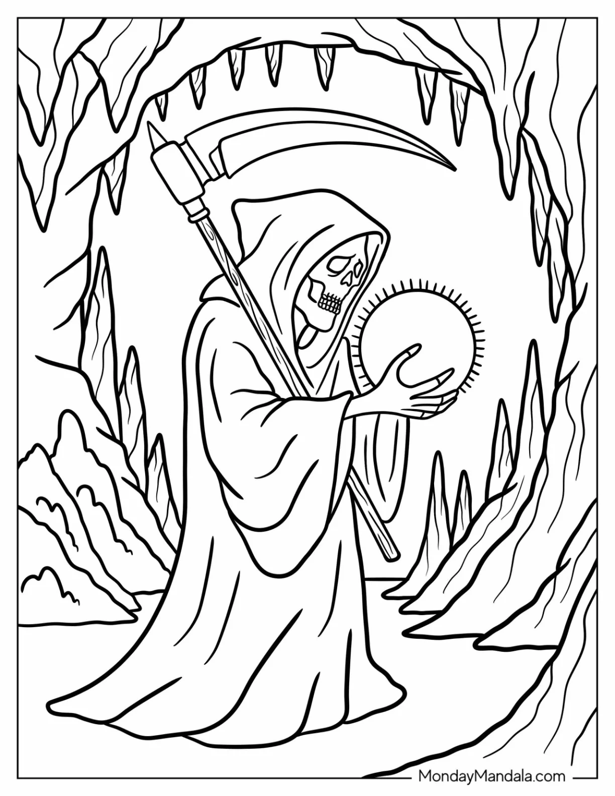 Grim Reaper Coloring Page in a Cave Holding a Glowing Orb coloring page