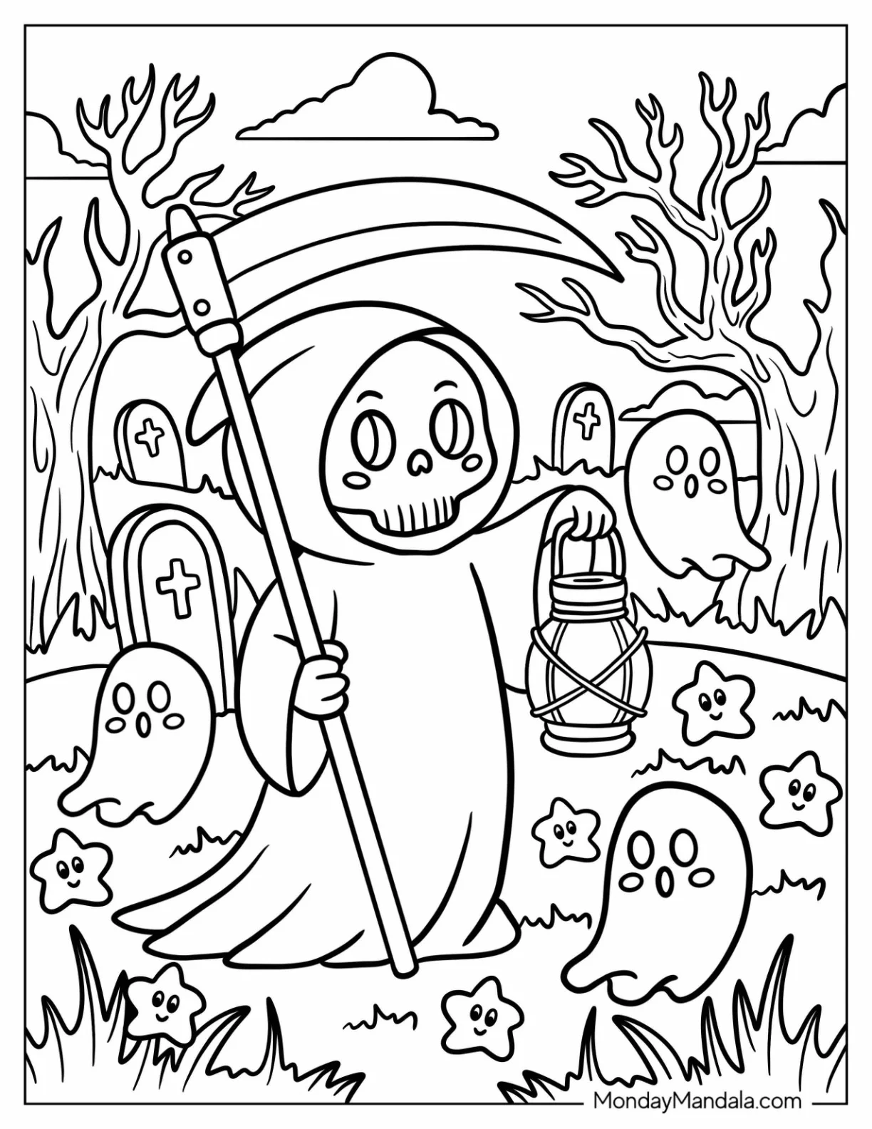 Grim Reaper Coloring Page Strolling in Graveyard with Cute Ghosts coloring page
