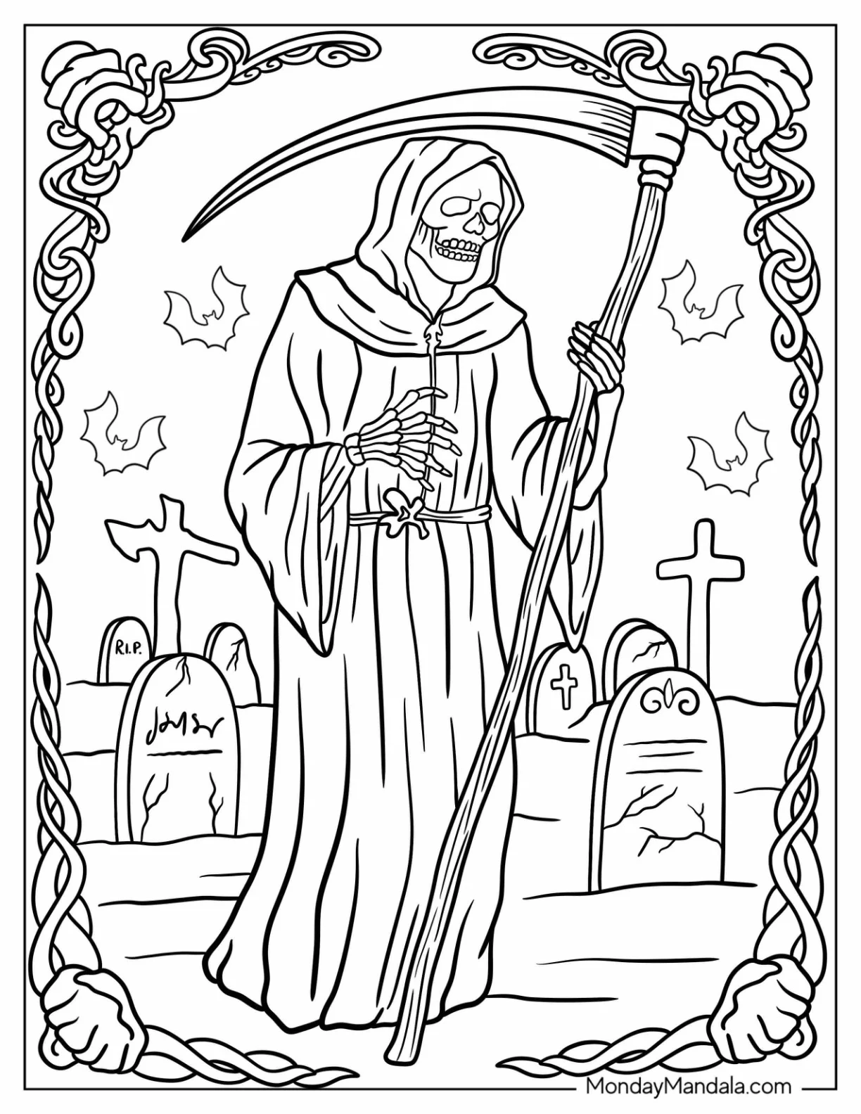 Grim Reaper Coloring Page Walking In A Cemetery With Bats coloring page