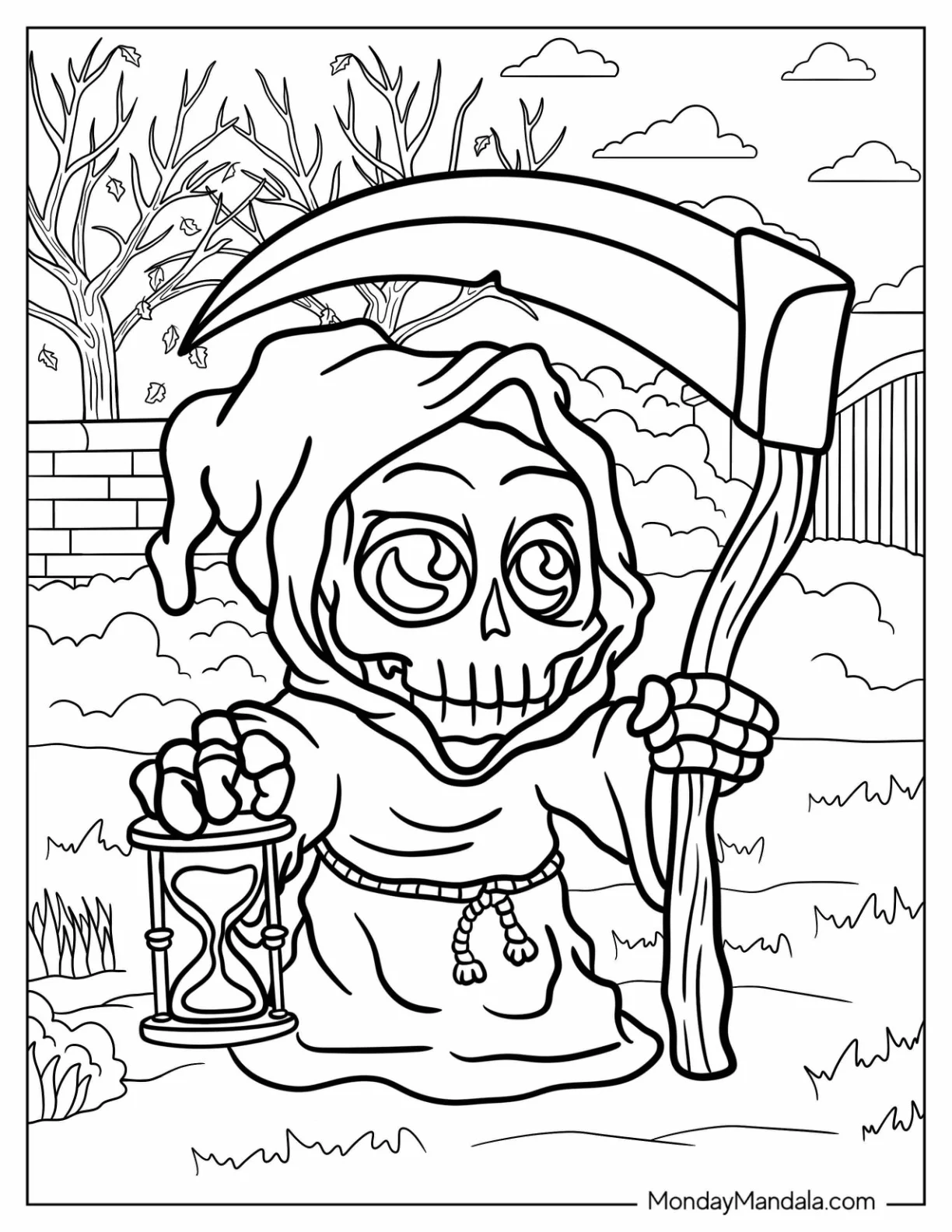 Grim Reaper Coloring Page With A Lamp And Scythe Crossing The Cemetery coloring page