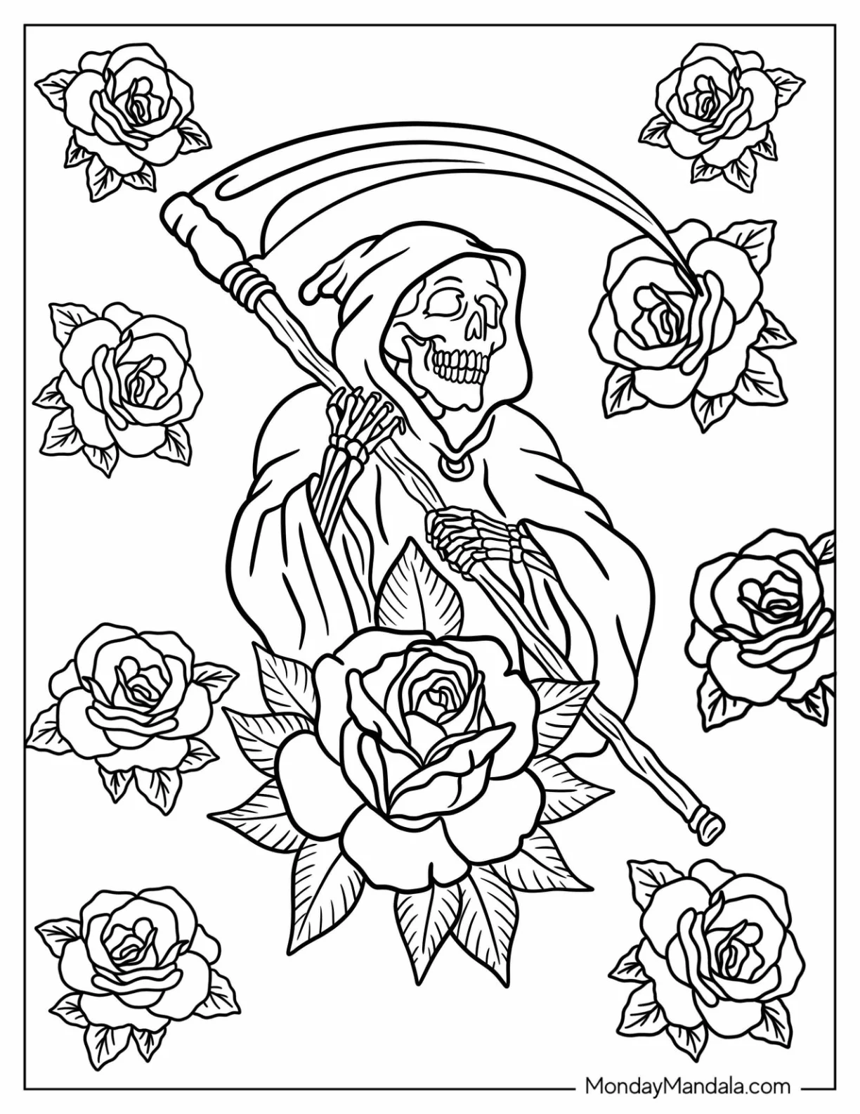 Grim Reaper Coloring Page With Roses For Kids coloring page