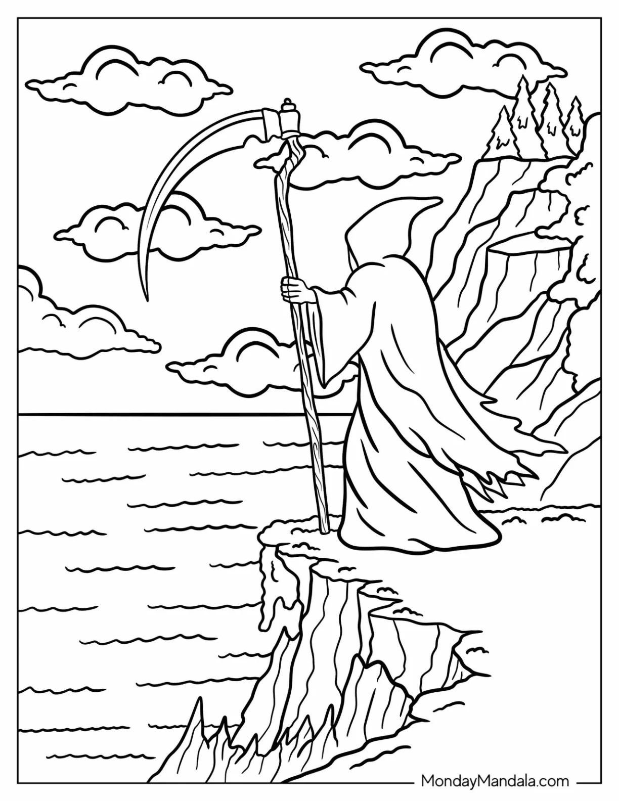 Grim Reaper Coloring Page with Scythe Looking Over a Cliff coloring page
