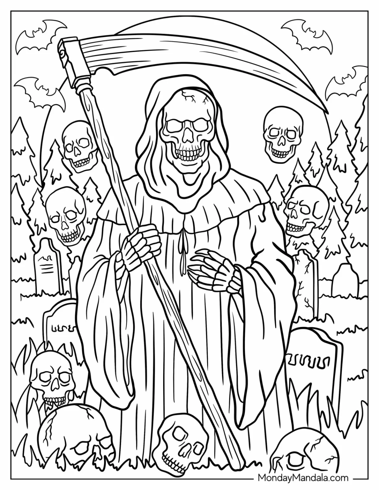Horrifying Grim Reaper Coloring Page Surrounded By Skulls In A Cemetery coloring page
