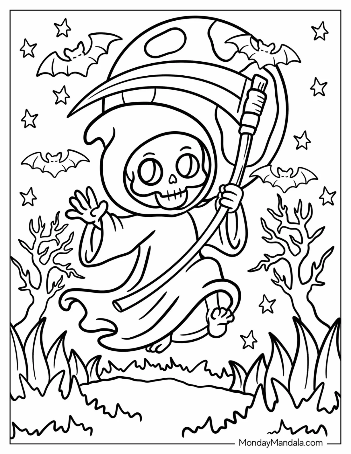 Jolly Grim Reaper Coloring Page Leaping on a Meadow with Full Moon and Bats coloring page