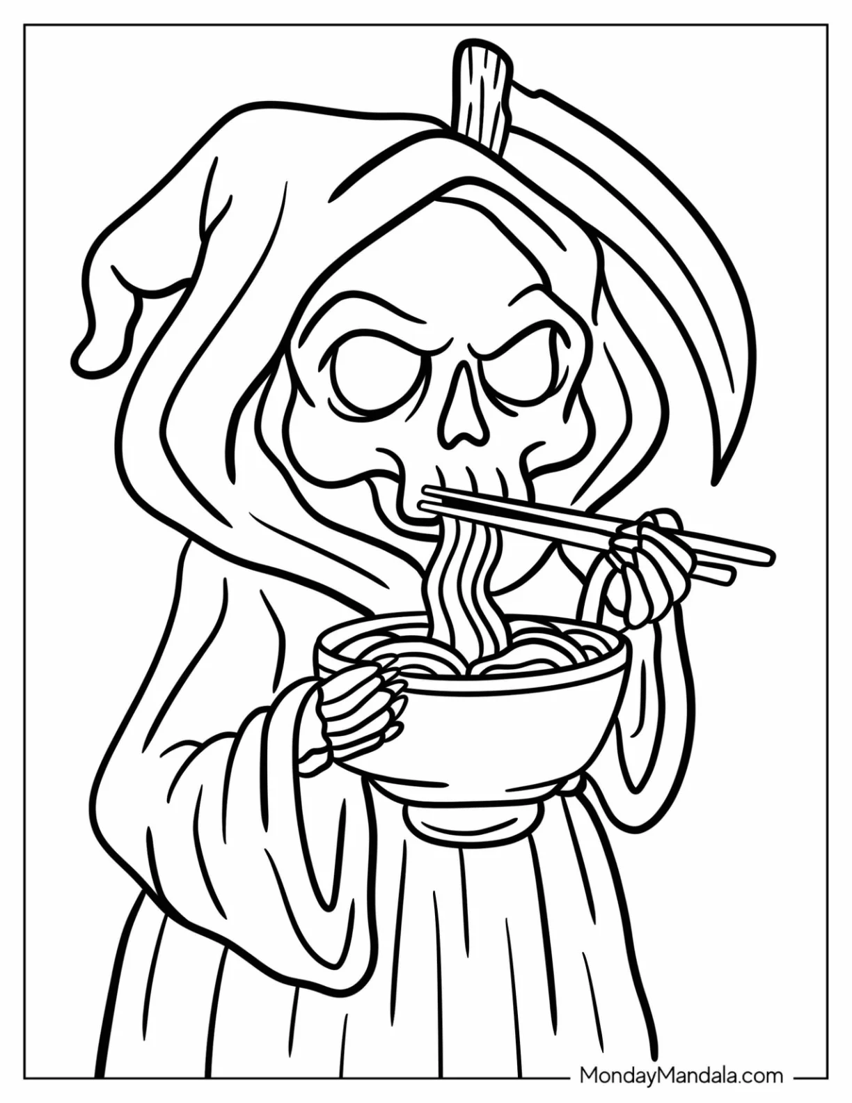 Kawaii Grim Reaper Coloring Page Eating Ramen For Kids coloring page