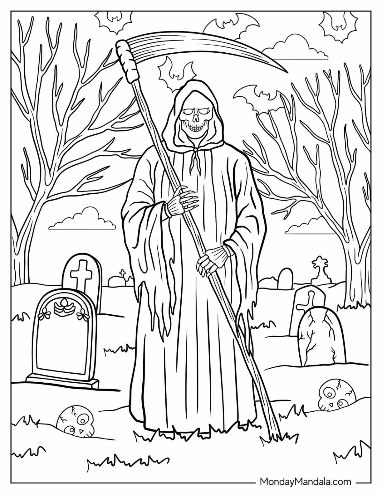 Realistic Grim Reaper Coloring Page In A Graveyard coloring page