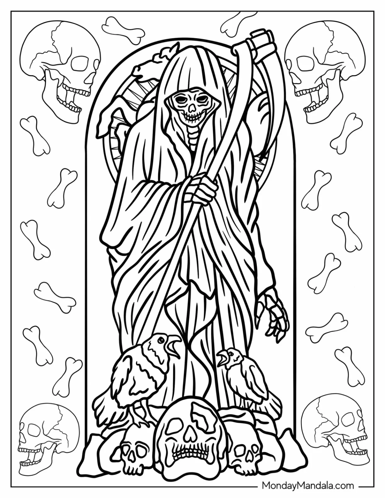 Realistic Grim Reaper Coloring Page In Coffin coloring page