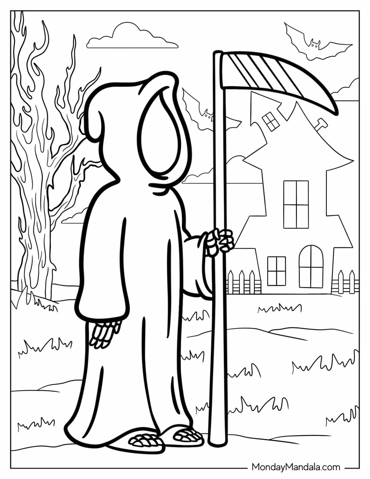 Simple Grim Reaper Coloring Page Grim Reaper With Scythe For Kids coloring page