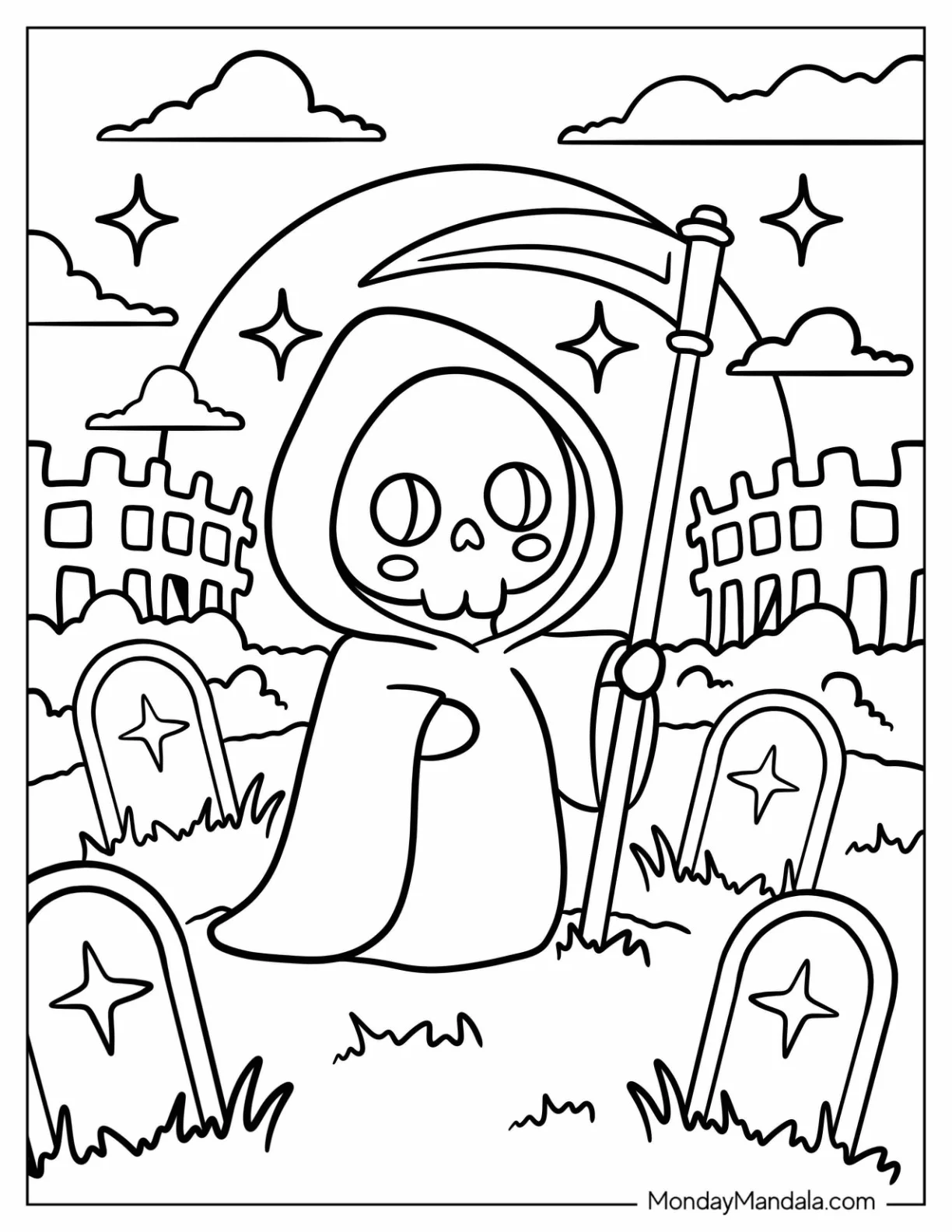 Simple Grim Reaper Coloring Page in Graveyard with Full Moon and Sparkles for Preschoolers coloring page
