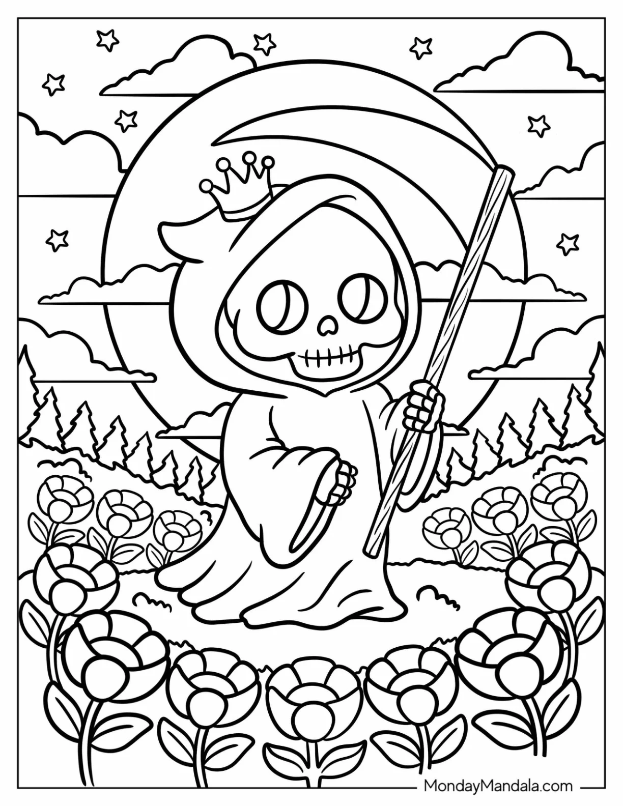 Smiling Grim Reaper Coloring Page with Crown Standing in Flower Field on Starry Night coloring page
