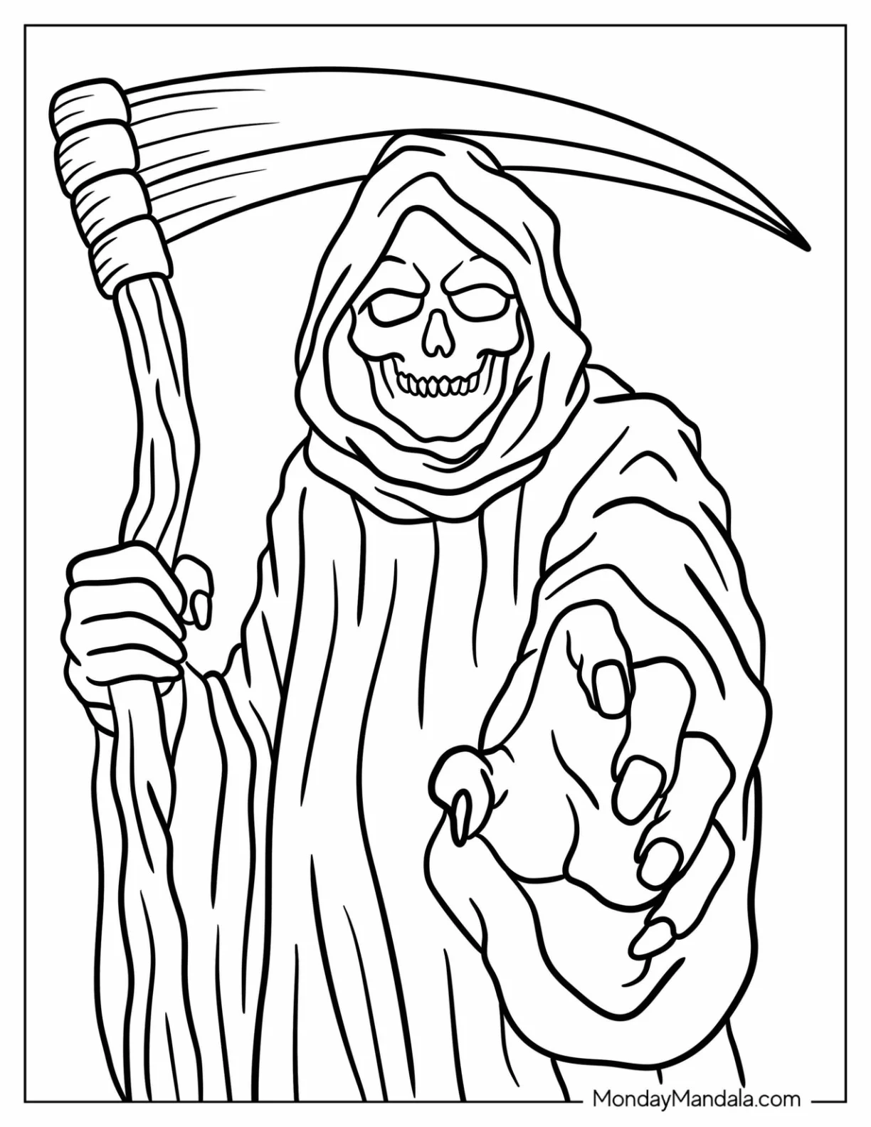 Smirking Grim Reaper Coloring Page With A Scythe coloring page