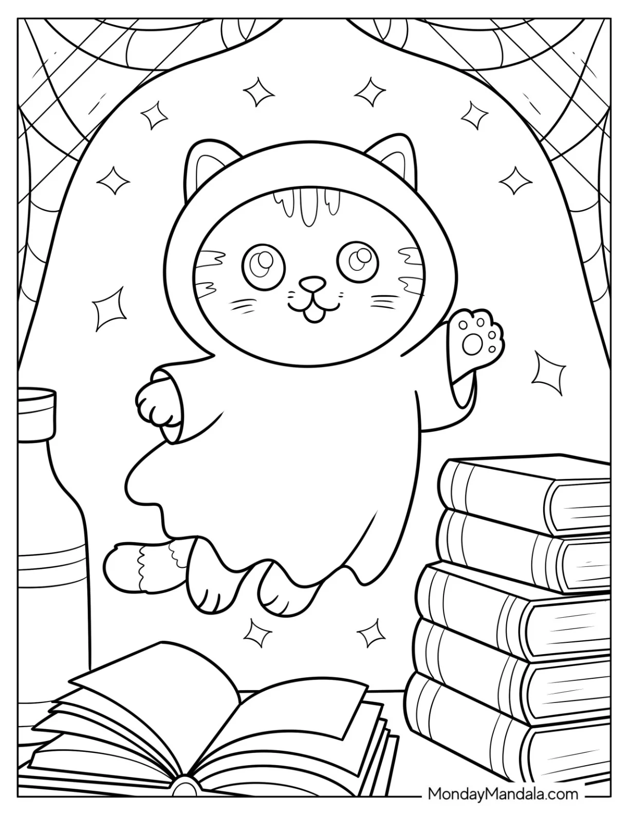 Adorable Halloween Cat Coloring Page Floating Over Books coloring page
