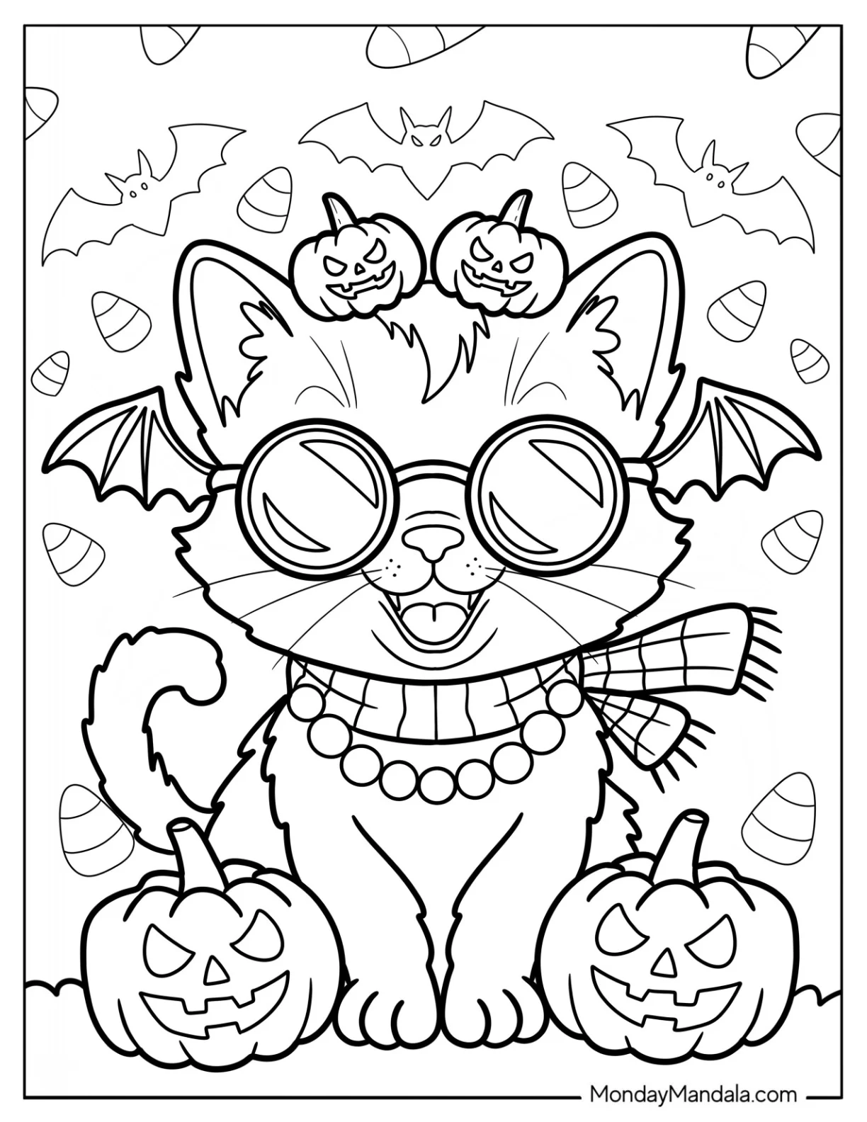 Chaotic Halloween Cat Coloring Page with Scarf, Pearls, and Bat Wings coloring page