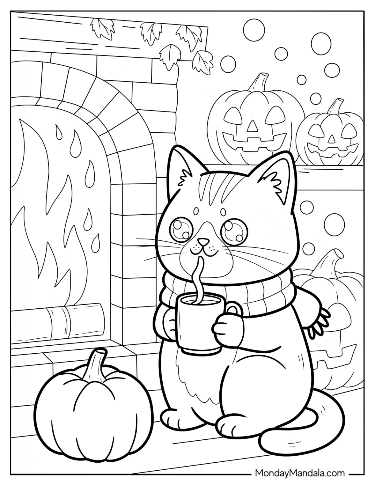 Cozy Halloween Cat Coloring Page in Scarf Holding Hot Drink Next to a Fireplace coloring page