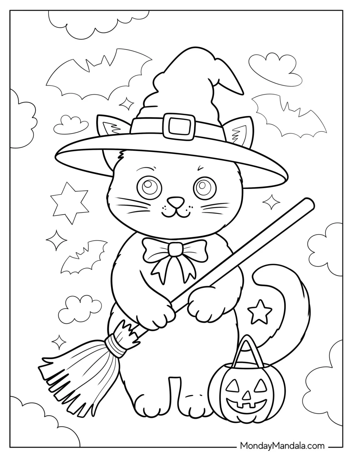 Cute Halloween Cat Coloring Page in Witch Hat Holding a Broom in the Sky for Preschoolers coloring page
