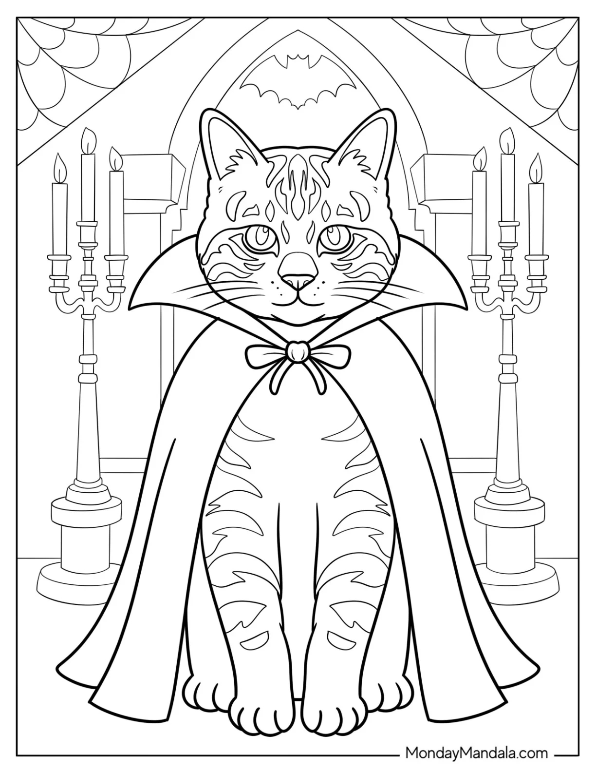 Dracula Halloween Cat Coloring Page inside a Cathedral for Kids coloring page