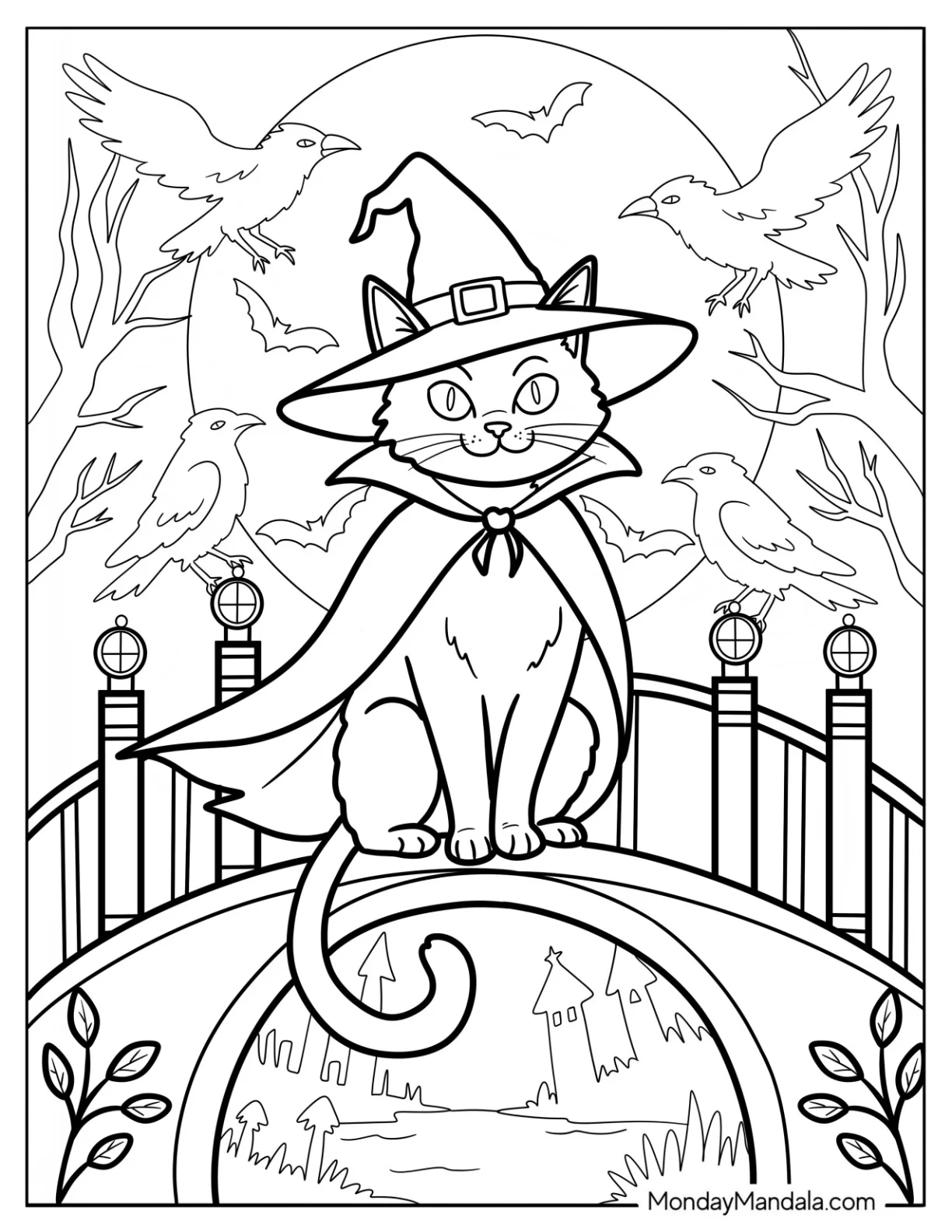 Elegant Halloween Cat Coloring Page Sitting on a Bridge with Crows coloring page