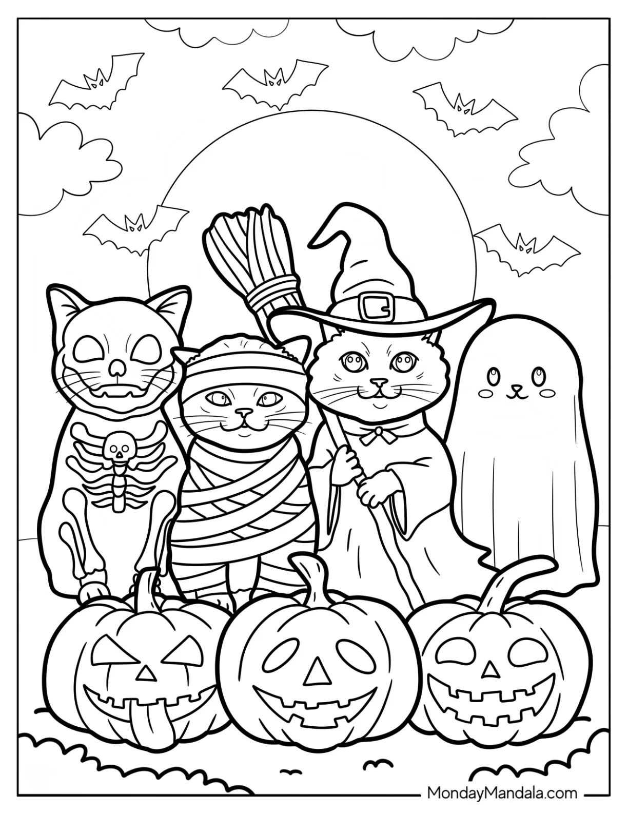 Halloween Cat Coloring Page in Costumes with Jack o Lanterns and Bats in the Sky for Kids coloring page — printable line art