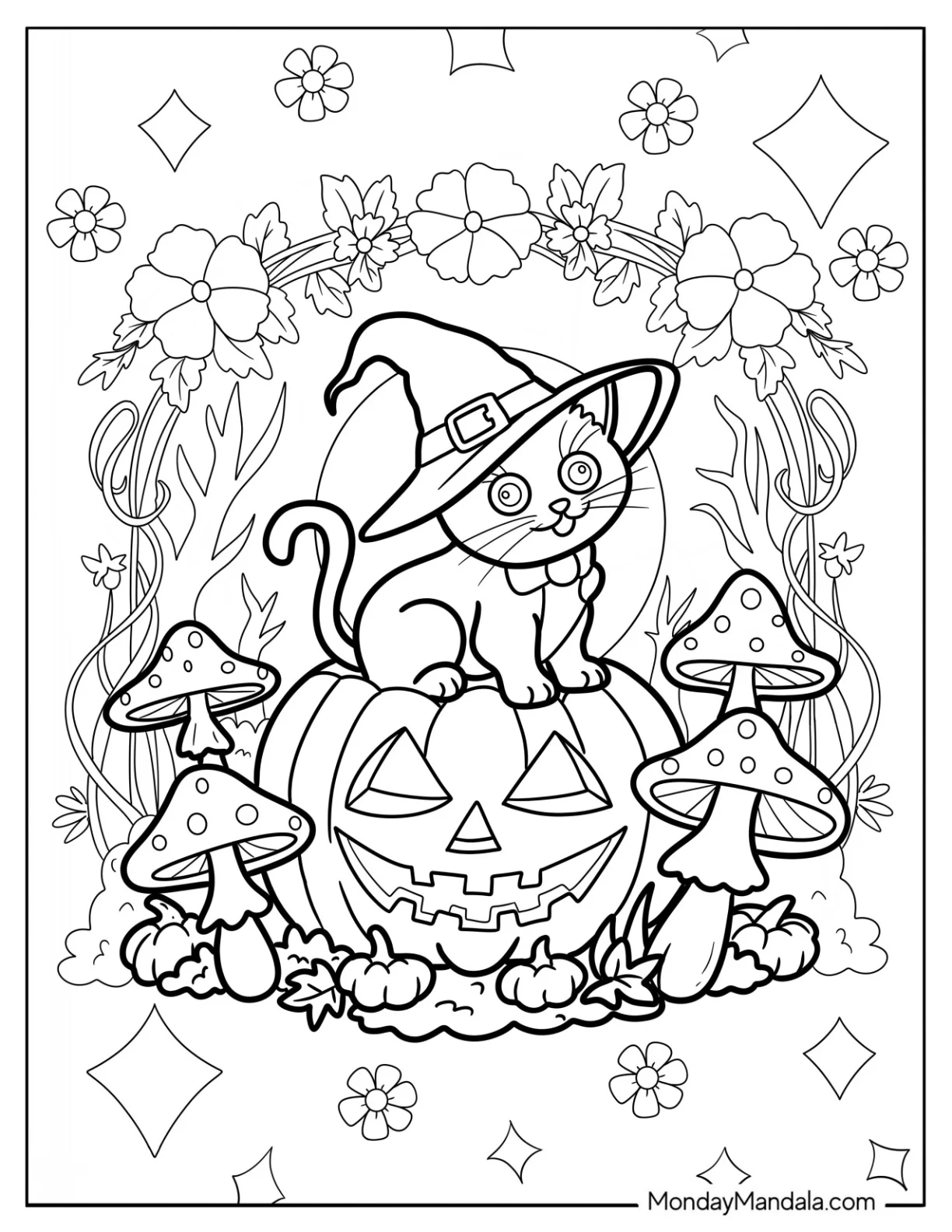 Halloween Cat Coloring Page in Witch Hat Sitting on a Jack o Lantern in Mushroom Forest coloring page