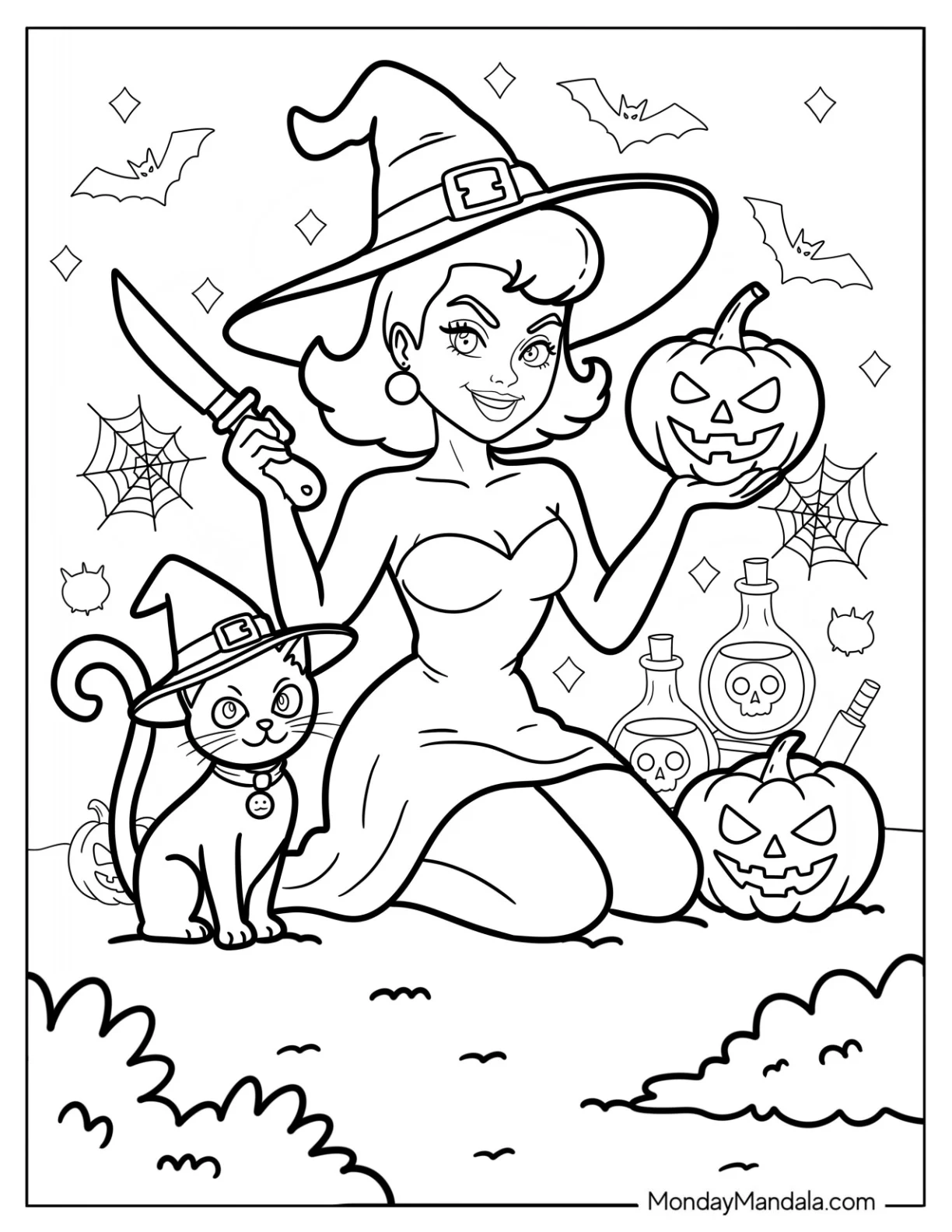 Halloween Cat Coloring Page of Witch Carving Jack o Lanterns with Pet Cat Beside Her coloring page