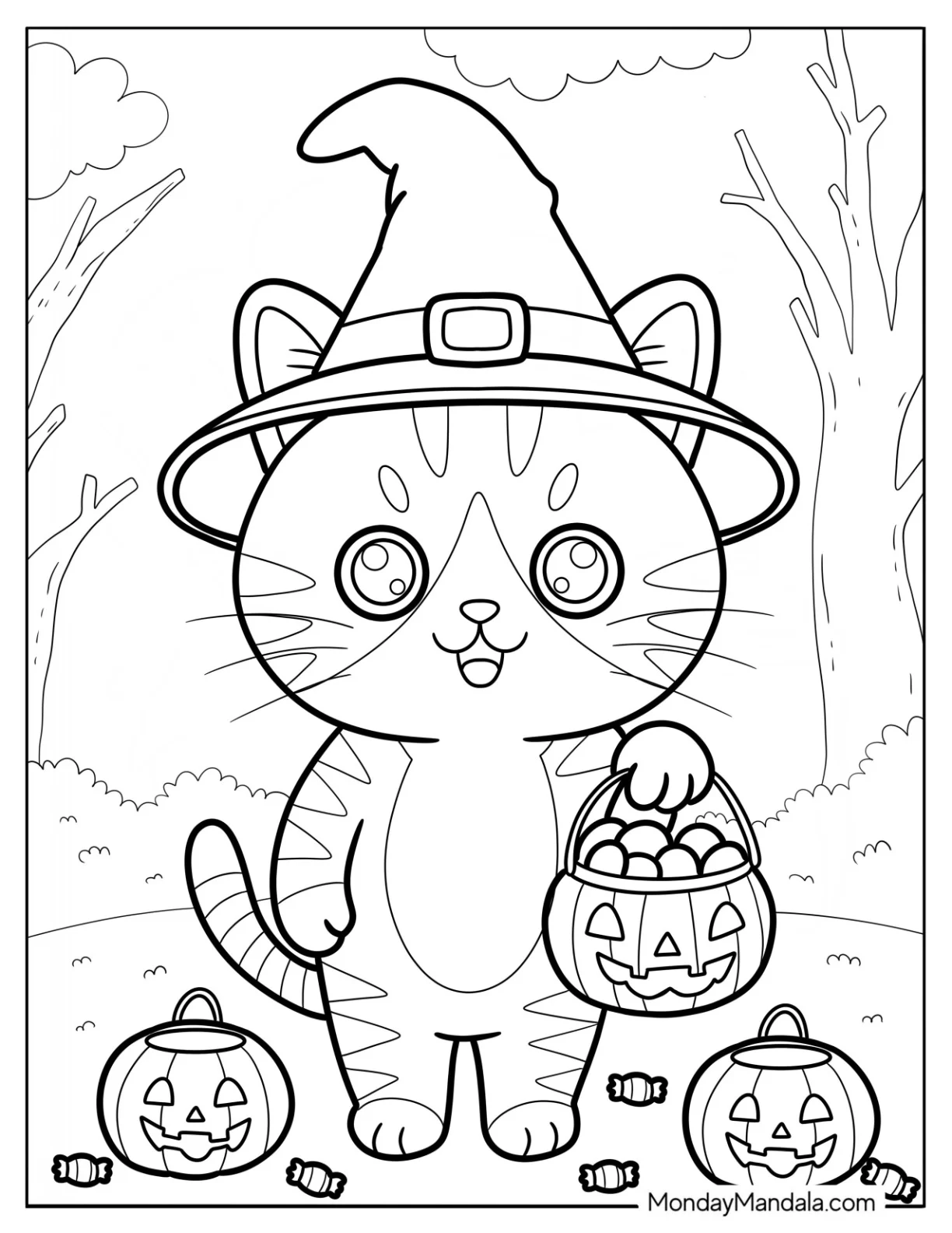 Halloween Cat Coloring Page Trick or Treating in Witch Hat for Preschoolers coloring page