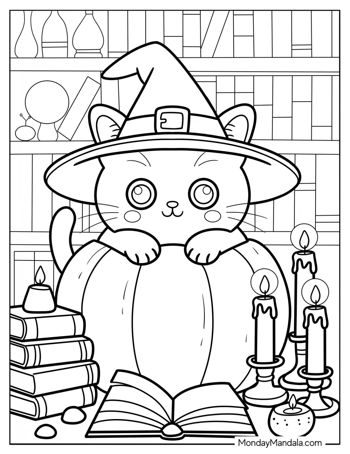 Kawaii Witch Halloween Cat Coloring Page Leaning on a Pumpkin in Candlelit Library for Kids coloring page — printable line art