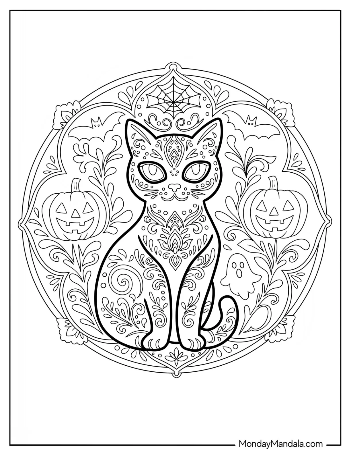 Majestic Halloween Cat Coloring Page Inside Spooky Mandala coloring page