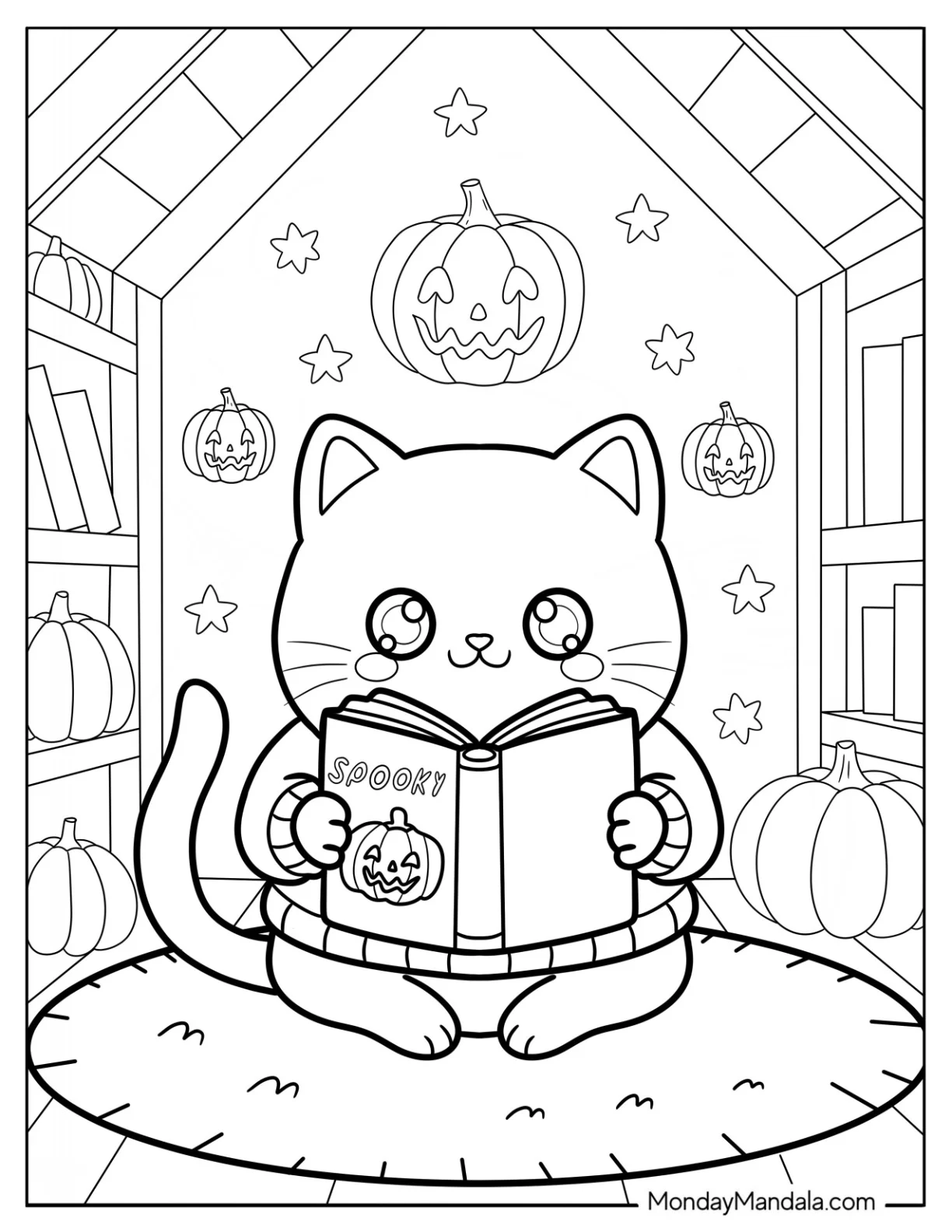 Pretty Halloween Cat Coloring Page in Sweater Reading Spooky Book coloring page — printable line art