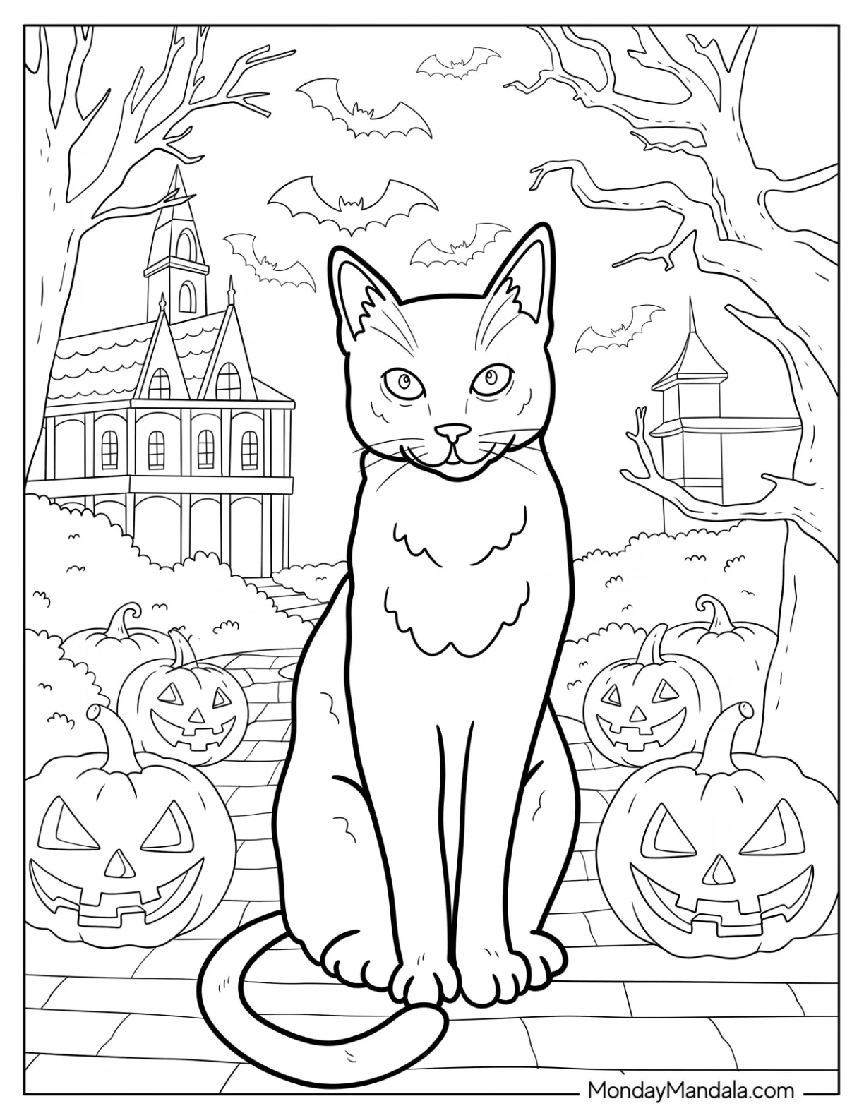 Realistic Black Halloween Cat Coloring Page on the Steps of Haunted Castle coloring page